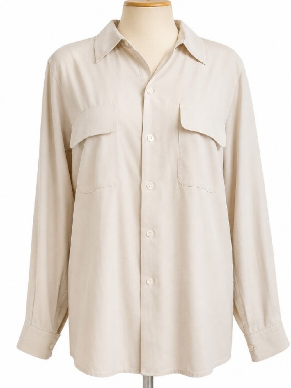 Zara  Oversize Silk Safari Shirt Womens  M Beige Long Sleeve Pockets Old Money